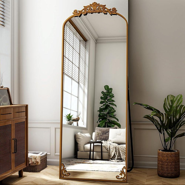 21"x 64" Arched Full Length Mirror, Freestanding Floor Mirror with Carved Metal Frame & Bottom Art Carved, Bronze Full Body Mirror for HomeDecor, Halling Wall Mirror with Vintage Ornate Carved Accents