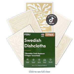 FEBU Swedish Dishcloths for Kitchen | 5 Pack Neutral Reusable Paper Towels Washable | Swedish Dish Towels | Non-Scratch Cellulose Sponge Cloths | No Odor, Biodegradable Cleaning Cloths