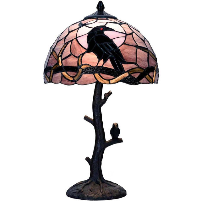 Bieye L12024 Raven Sitting on Bare Tree Branch in Full Moon Night Tiffany Style Stained Glass Table Lamp for Home Decor (Dark Purple, 12Wx20H)