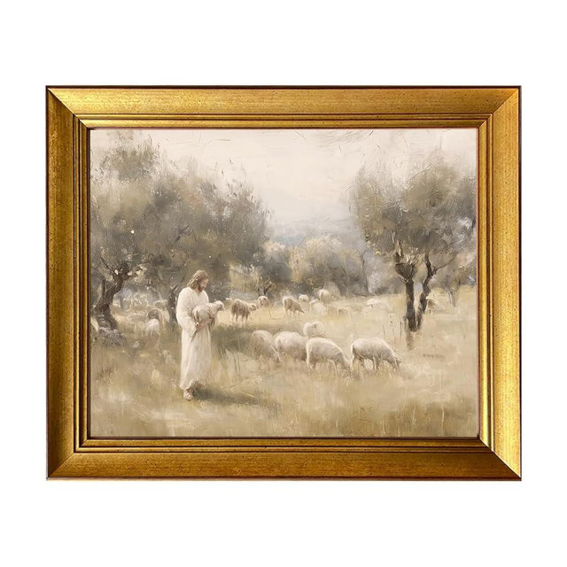 Vintage Christian Wall Art Gold Framed Farmhouse Picture Wall Decor Jesus with Sheep Paintings Artwork for Living Prayer Room Bedroom Decor