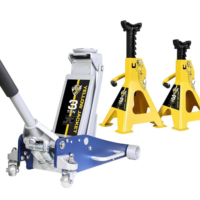 YELLOW JACKET 3 Ton Low Profile Aluminum and Steel Floor Jack with 3 Ton Double Locking Jack Stands