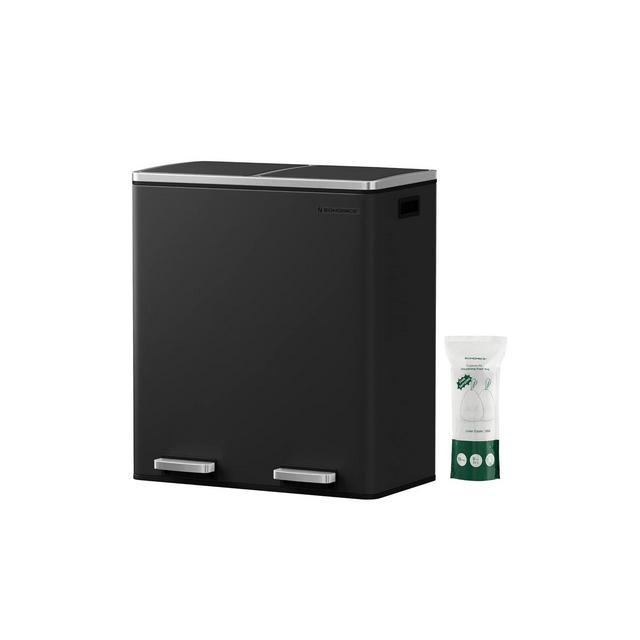 SONGMICS Dual Trash Can, 16 Gal Rubbish Bin and 15 Trash Bags, Metal Step Bin, with Dual Compartments, Airtight, Black