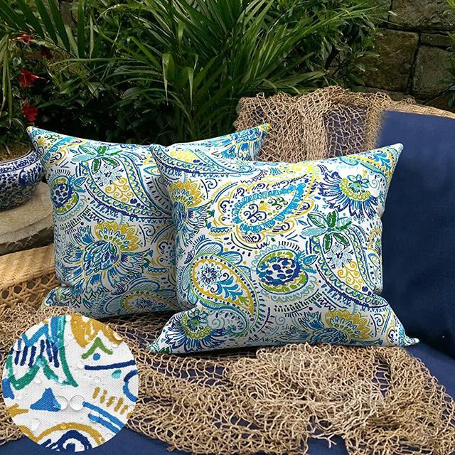 Melody Elephant Pack of 2 Decorative Outdoor Waterproof Pillows Patio Throw Pillows for Couch Tent Sunbrella (17"x17", Blue Mosaic)