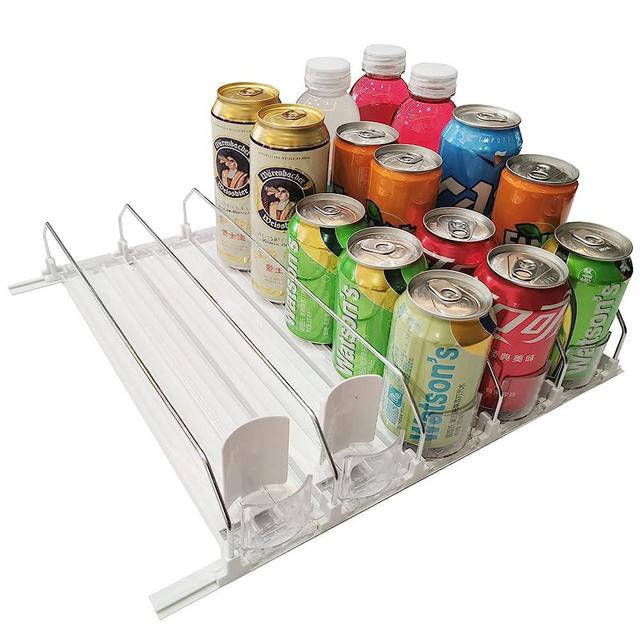 Refrigerator Can Organizer,Drink Organizer for Fridge, Self Pushing Soda Can Organizer for Refrigerator,Width Adjustable,Beer Pop Can Water Bottle Storage for Pantry, Kitchen-White, 5 Row