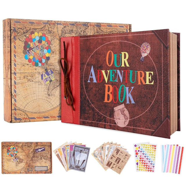 Our Adventure Book 11.9 x 7.6 Inch 80 Pages Scrapbook Photo Album, 3D Retro Embossed Letter Leather Hard Cover Movie Up Travel Journal Memory Book For Couples,For Best Friend,For Christmas Gift