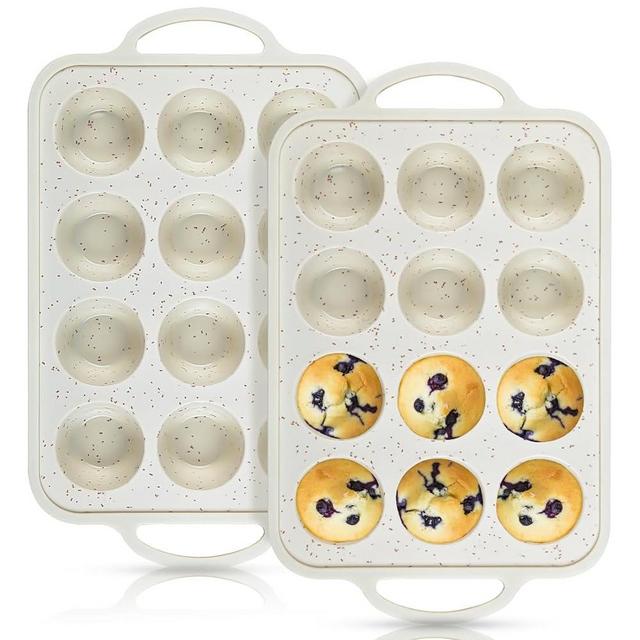 Silicone Muffin Pan With Metal Reinforced Frame - 12-Cup Mini Muffin Pan for Homemade Muffins, Cupcakes, and Bread, Oven and Dishwasher Safe - Beige With Coffee-Colored Specks, Set of 2