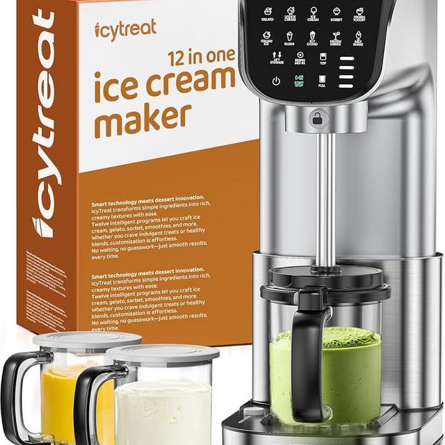 Ice Cream Maker Machine 12-in-1, Full Automatic Stainless Steel Homemade Ice Cream Maker for Sorbet, Milkshake, Frozen Yogurt & More, Easy to Clean Ice Cream Machine, (3) Family-Sized Tubs