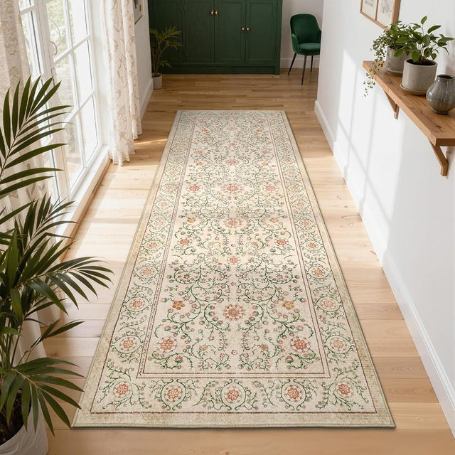 GarveeHome Boho 2x6 Runner Rug for Hallways Non Slip, Vintage Botanical Kitchen Rugs Washable Area Rug for Entryway Stain Resistant, Low Pile Soft Runner Camel Carpet for Bedroom Floor Laundry Room