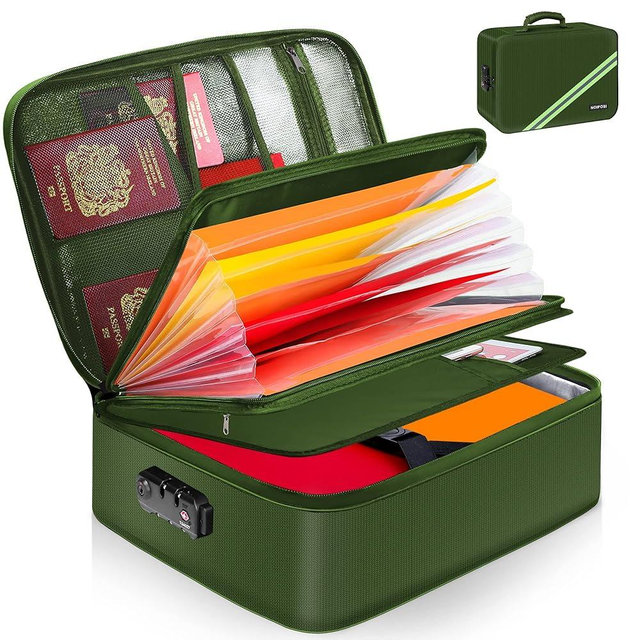 Noiposi Document Organizer with 5200℉ Heat Insulated,16.1"x11.4"x4.3" Waterproof and Fireproof Document Box,Portable Home Travel Safe Storage Box for Important Documents and File,Green