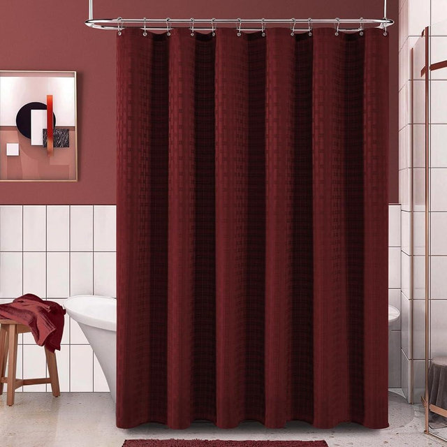PANGSINNE Elegant Burgundy Fabric Shower Curtain - Heavy Duty Cloth Curtains for Bathroom, 230GSM Hotel Spa Luxury Weighted Polyester Bath Curtain Set with 12 Hooks 72Wx72H