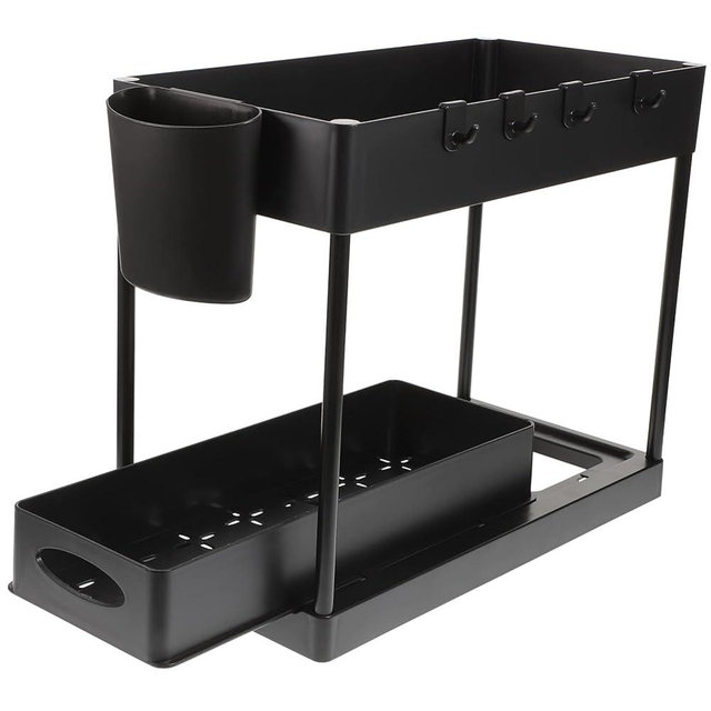 Hemobllo 1Set Sliding Storage Basket Under Sink Organizer Bathroom Storage with Hooks Cup Multi Purpose Kitchen Bathroom Organizer Wedding Registry Must Haves