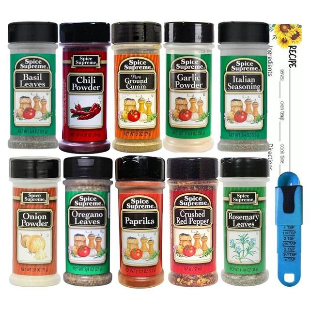 Spice Supreme Seasoning Kitchen Starter 10 Piece Gift Set | with Blank June Street Market Recipe Card & Adjustable Measuring Spoon