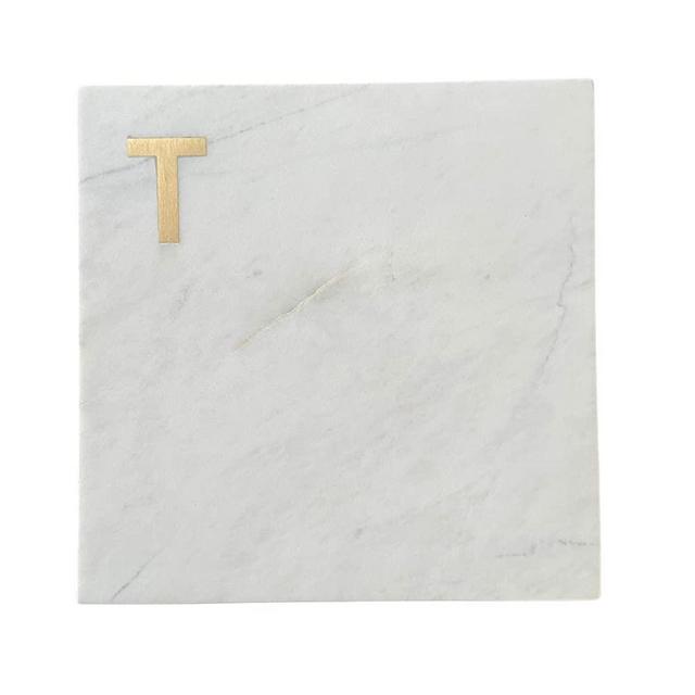 Boards by Bleu Monogram Marble Cheese Board, Hand Crafted Marble Cutting Board from White Marble Slab, Personalized Charcuterie Board with Brass Initial, Great Wedding or House Warming Gifts, Letter T