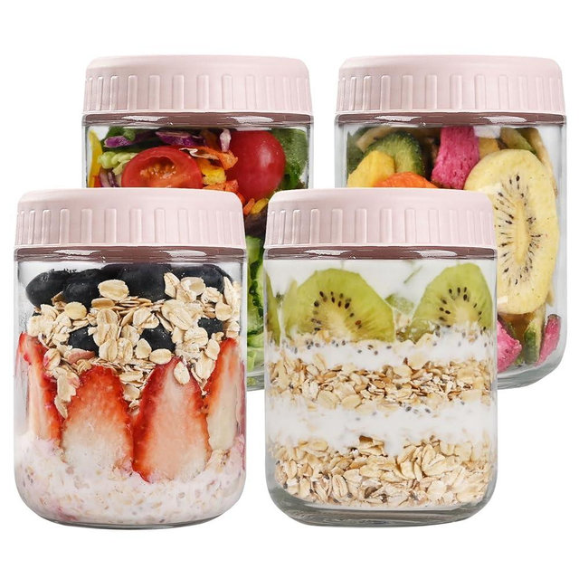 SHOWIN Overnight Oats Containers with Lids, 16oz Glass Jars with Lids 4 pcs, Pink, Wide Mouth Mason jars for Salad, Yogurt, Snacks, Meal Prep
