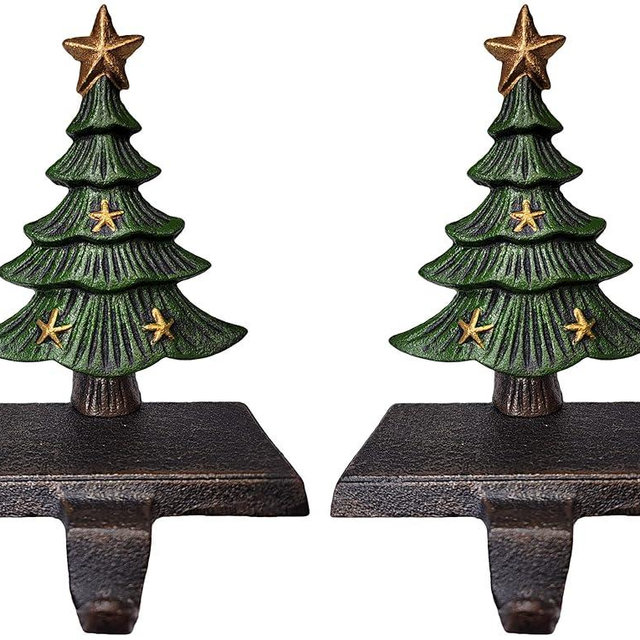 Lulu Decor Cast Iron Christmas Stocking Holders for Mantle, Solid Green Tree Topped with Gold Star, Weighted Sturdy Tree Hooks Hangers for Holiday Decoration (Set of 2)