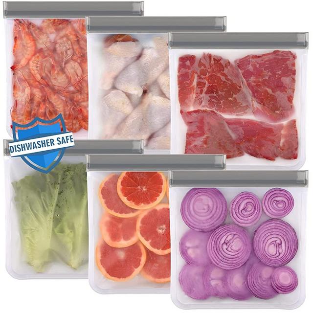 6 Pack Reusable Gallon Freezer Bags Dishwasher Safe, BPA Free Reusable Ziplock Bags Silicone, Leakproof Reusable Storage Bags for Marinate Meats, Cereal, Vegetables, Home Organization(Grey)