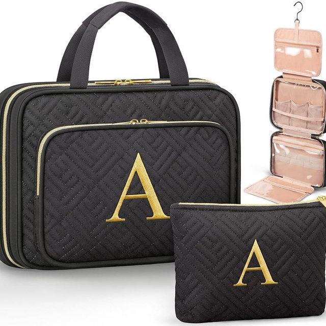 Personalized Gifts for Women, Initial Toiletry Bag Hanging Travel Organizer & Makeup Cosmetic Bag with Embroidery Letter Teacher Appreciation Gift Birthday Mothers Day Gifts for Mom Wife Friend Sister