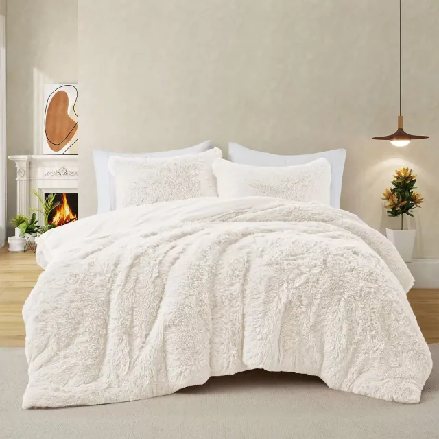 Peace Nest Fluffy Shaggy Faux Fur Comforter Set, Fuzzy Plush Bedding Set, Cream, King