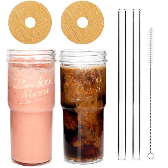 ANOTION Glass Cups with Lids and Straws 2 Packs, 24oz Travel Coffee Mug Wide Mouth Mason Jar Iced Coffee Cup Smoothie Cup Glass Tumbler Tea Cup Clear Cute Water Cups Drinking Jars Glasses