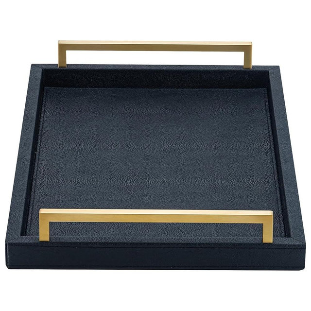 XIGEXIGE Black Faux Leather Serving Tray, 17x12 inches, Brushed Gold Handles, Decorative Tray for Ottoman Coffee Table, Living Room, Kitchen, Bathroom