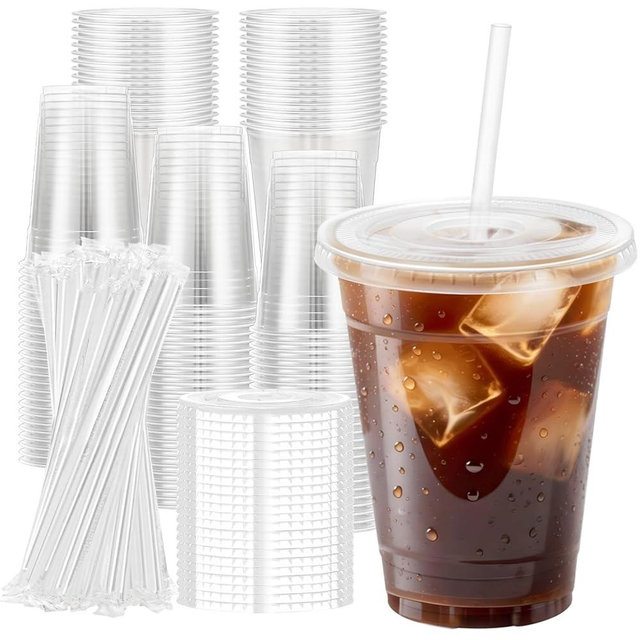 Huifany 100 Pack 12 oz Plastic Cups with Lids and Straws, Clear Disposable Iced Coffee Cups for Cold Drink, Smoothies, Milkshake and Leak-Proof, BPA-Free