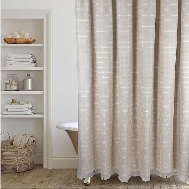 HALL & PERRY Windowpane Modern Shower Curtain in Beige Grid Design with Fringe- 100% Cotton, 72" x 72"