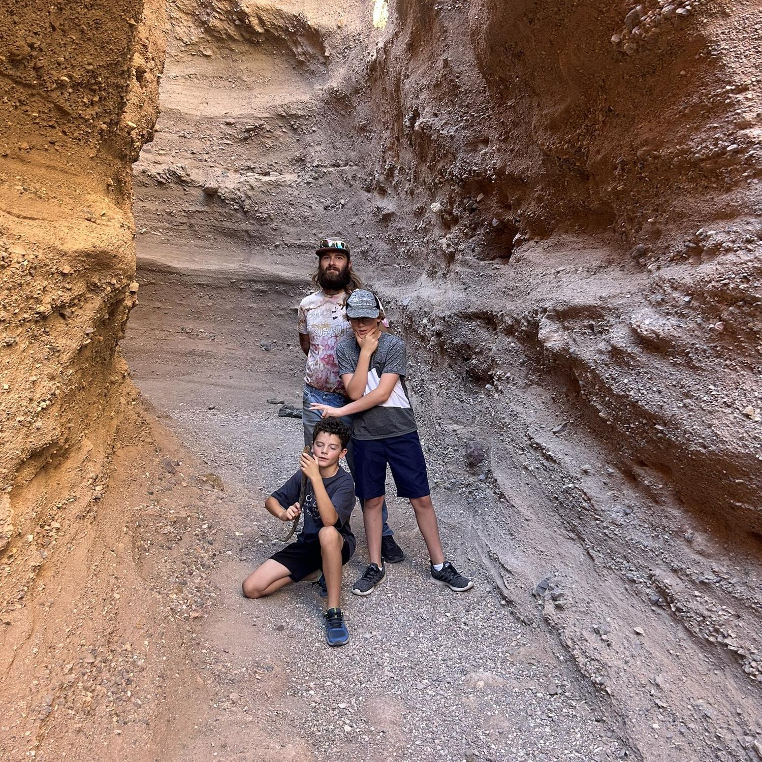 Trev and the Boys in a slot canyon near Las Cruces