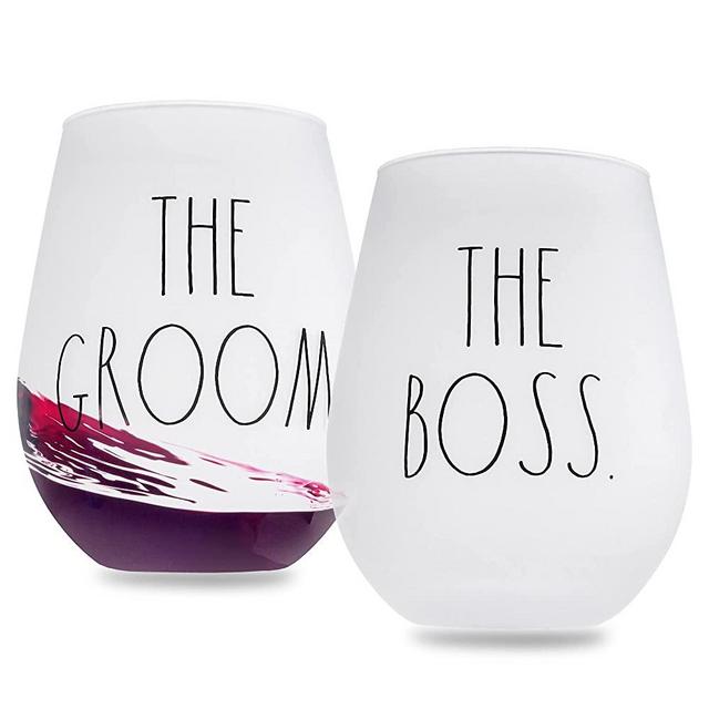 Rae Dunn Stemless Wine Glasses - Set of 2 His Hers Novelty Drink Glasses - 20 OZ Frosted Wine Glass Set for Wedding, Anniversaries or Bridal Shower Gifts (THE BOSS/THE GROOM)