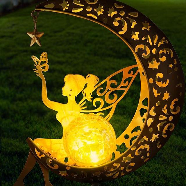 Vuees Solar Garden Statues Outdoor Decor, Fairy Moon Figurine Light Stake, Housewarming Ornament for Patio, Lawn, Yard, Pathway - Unique Gift Ideas for Gardening Mom Grandma