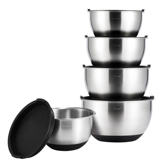 X-Chef Stainless Steel Mixing Bowls Set With Lids, Measurement Marks, Non-Slip(Set of 5)