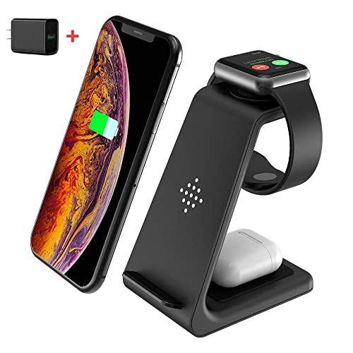 Wireless Charging Stand, GEEKERA 3 in 1 Wireless Charger Charging Station Dock for Apple Watch 5 4 3 2, Airpods Pro, iPhone 11/11 Pro/X/Xr/Xs/8 Plus, Qi-Certified Phones(with QC3.0 Adapter)
