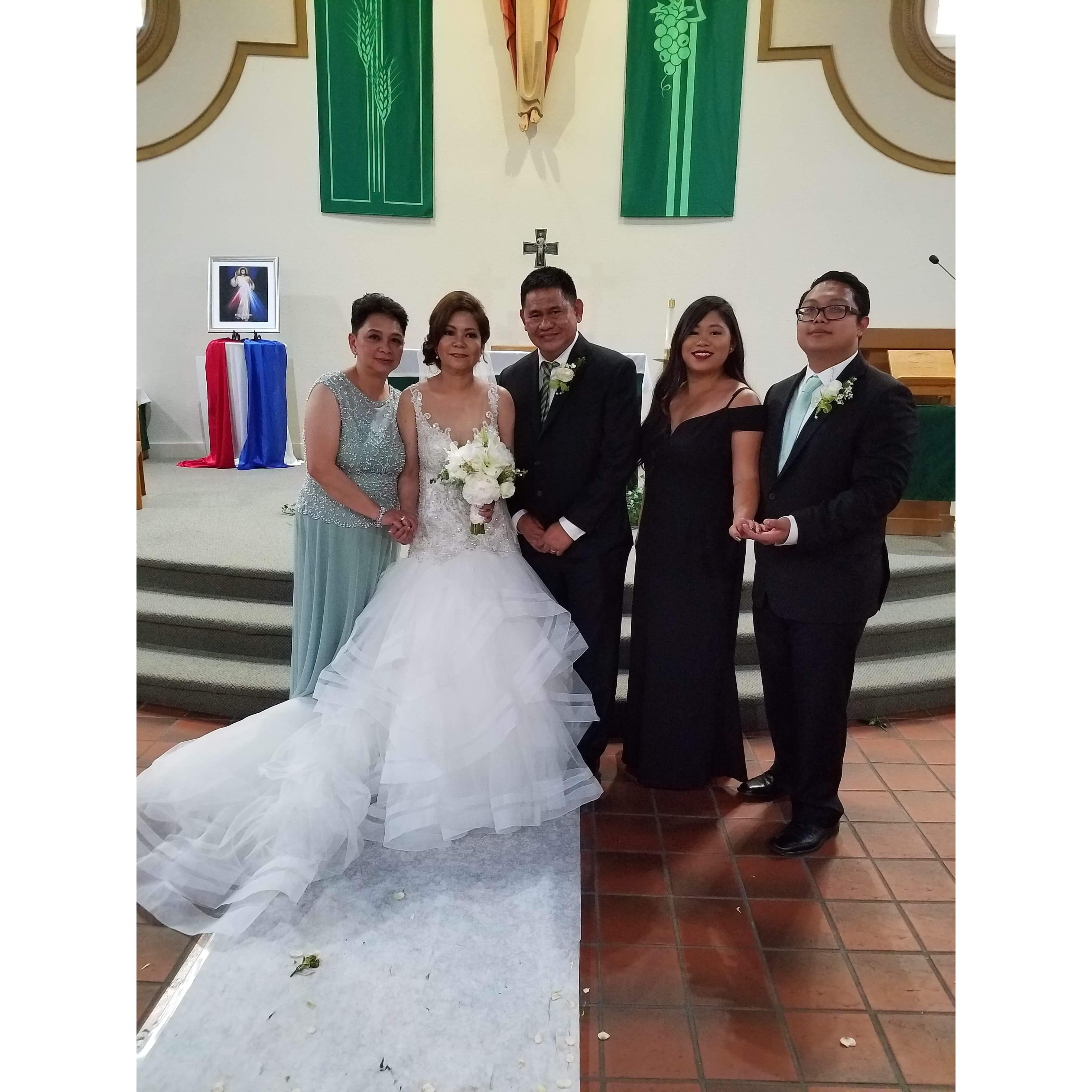 Criselda, Tita Ping, Tito Allen, Kalia, and Jan at Tita Ping and Tito Allen's wedding in 2018