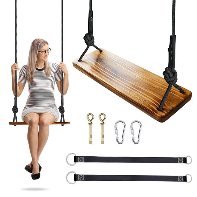 Premkid Carbonized Hanging Wooden Swing, 24"x 8"x 1.2" Tree Swing for Adults Kids with 500lbs Load, Adjustable Climbing Rope Plus Tree Straps 9.67FT, Wood Swing Set Seat for Outdoor and Indoor Use