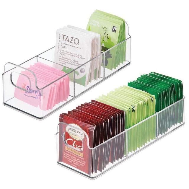mDesign Plastic Kitchen Pantry, Medicine Cabinet, Countertop Organizer Storage Station Tea Caddy Holder - Holds Beverage and Tea Bags, Sweetener, Individual Packet Condiments - 9" Long, 2 Pack - Clear