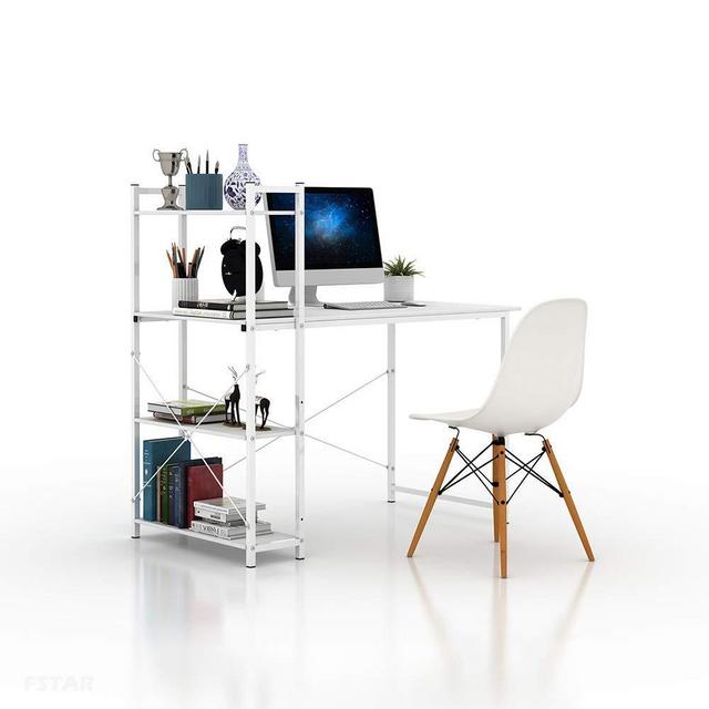 FSTAR 47" Computer Desk with Storage Shelves Writing Study Table with 4 Bookshelves Modern Steel Frame Compact Wood Desk Home Office Workstation White