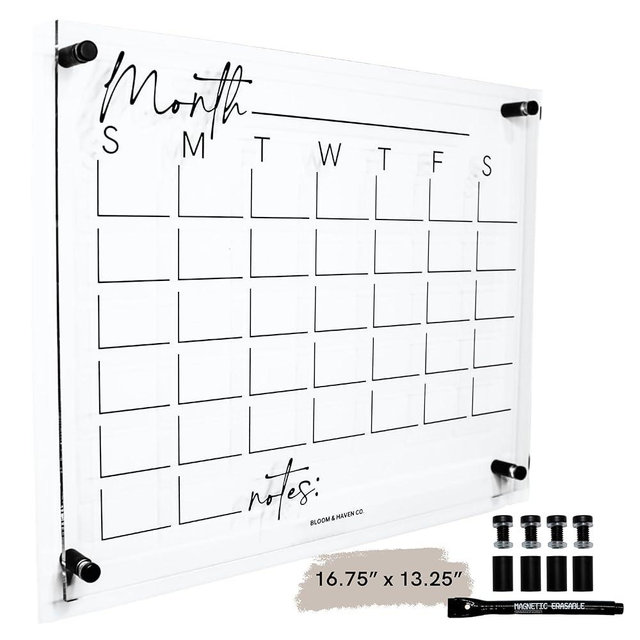 Premium Acrylic Calendar for Wall (16.75” x 13.25” x 1/4”) w/Dry Erase Marker | Wall Calendar Dry Erase Monthly | Acrylic Calendar | Clear Calendar for Wall | Glass Calendar Dry Erase Board