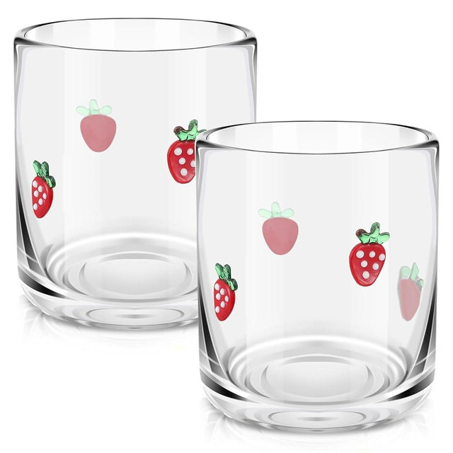 SiliFine 2 Pcs Strawberry Icon Juice Glasses, 14oz Strawberry Stemless Wine Drinking Juice Glass Cup for Summer Fruit Party Supplies Gift