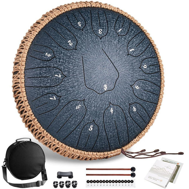 Steel Tongue Drum Hand Drums: Lronbird 13 Inch 15 Notes Musical Percussion Instruments with Travel Bag, Music Book, Drum Mallets, Finger Picks, Gifts for Adults Family Friends (Navy)