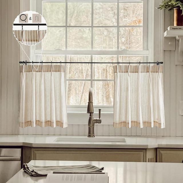 LIMON HOME Beige Linen Kitchen Curtains 22 inch Length Pinch Pleat Cafe Curtains