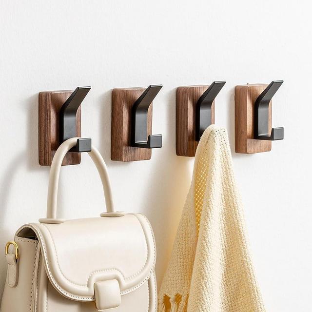 RVXHUA 4-Pack Wood Wall Hooks - Wall Mounted or Adhesive Coat Rack for Entryway, Mudroom, Bathroom - Farmhouse Decorative Hangers for Towels, Hats, Keys, Purses, Bags, and Robes