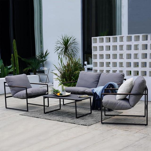 Grand patio 4-Piece Patio Furniture Set, Outdoor Patio Conversation Sofa Set with Cushion, Modern Metal Couch Loveseat Chairs and Coffee Table for Porch Deck Garden Balcony Backyard Living Room