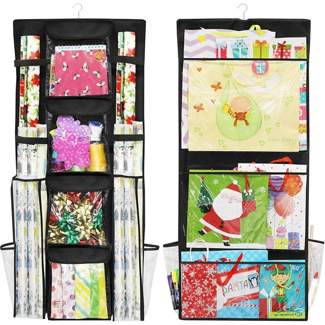 Simple Houseware Double-Sided Hanging Gift Wrap Organizer Storage Pockets, Black (Set of 1)