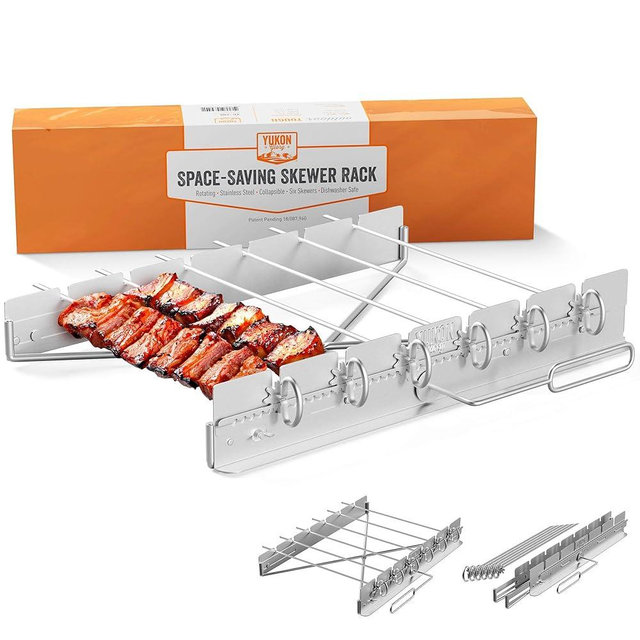 Yukon Glory Rotating Kabob Skewer Rack, Stainless Steel Shish Kebab Set with 6 Metal Skewers, Collapsible Holder for Grill, Dishwasher Safe