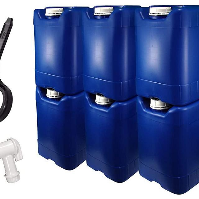 API Kirk Containers 5 Gallon Samson Stackers, Blue, 6 Pack (30 Gallons), Emergency Water Storage Kit - New! - Clean! - Boxed! Kit Includes one Spigot & Wrench