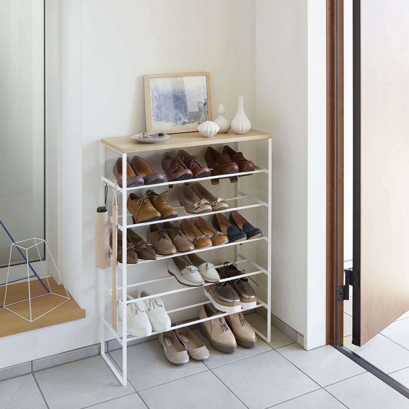 Yamazaki Tower 6-Tier Wood Top Shoe Rack - White