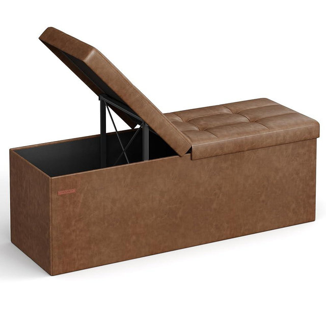 SONGMICS Storage Ottoman, 35 Gal., Storage Chest, Folding Footrest Bench, 660 lb Load Capacity, Synthetic Leather, 15 x 43 x 15 Inches, Coffee Brown ULSF075K01