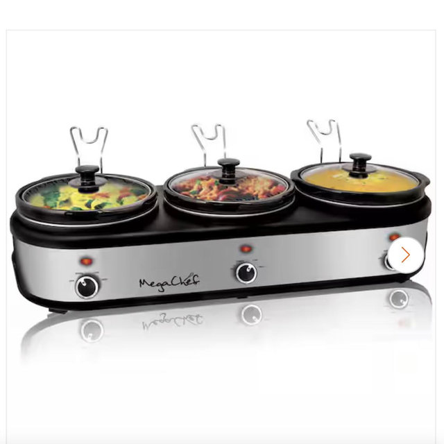MegaChef 7.5 Qt. Stainless Steel Slow Cooker with 3 Crocks and Keep Warm Setting 985109458M