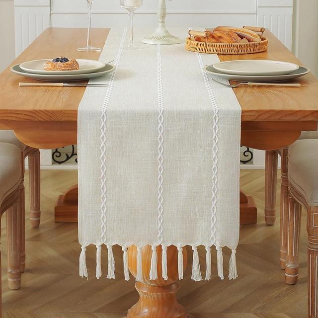 Laolitou Rustic Table Runner with Tassels, Embroidered Cotton Linen Table Decoration for Holiday Party, Farmhouse Table Runners, Wedding and Dining Decorations, 72 Inches, Ivory