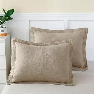WINLIFE 100% Cotton Quilted Pillow Sham Floral Printed Pillow Cover Khaki/Taupe
