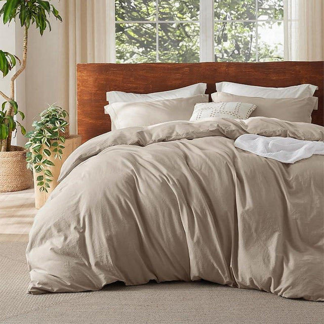 Bedsure 100% Washed Cotton Duvet Cover Twin - Frosted Almond Minimalist Cotton Duvet Cover Linen Like for All Seasons - GentleSoft™ Plain Simple Bedding (Frosted Almond, Twin, 68"x90")